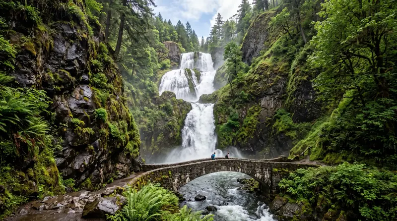 A tall tiered waterfall in the Columbia River Gorge plunging through a mossy basalt canyon