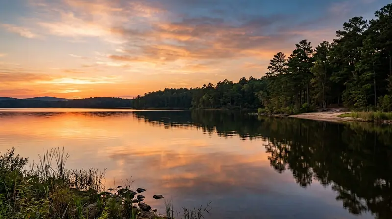 Calm open waters and pine-fringed shoreline of Jordan Lake in North Carolina at sunset