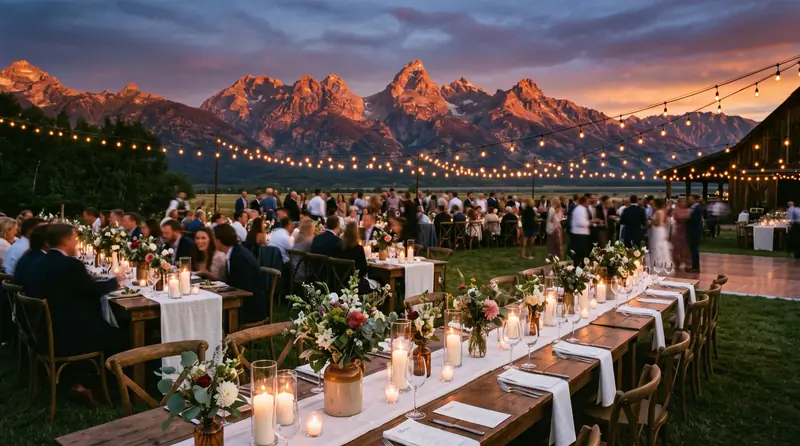 An outdoor wedding reception at a mountain ranch at dusk, long tables under warm string lights