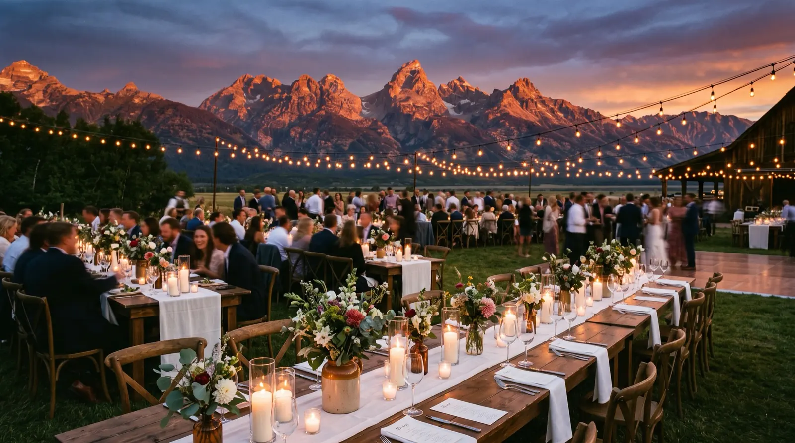 An outdoor wedding reception at a mountain ranch at dusk, long tables under warm string lights