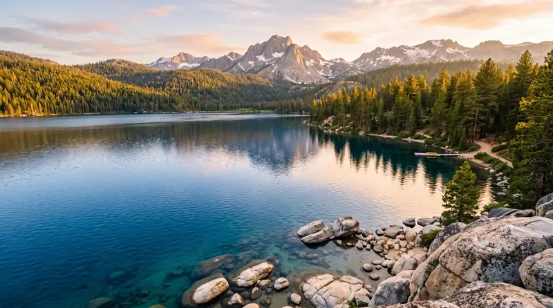 A deep blue Sierra Nevada alpine lake at golden hour, clear water over pale granite boulders