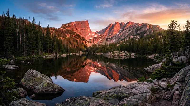An alpine lake in Rocky Mountain National Park reflecting granite peaks at sunrise