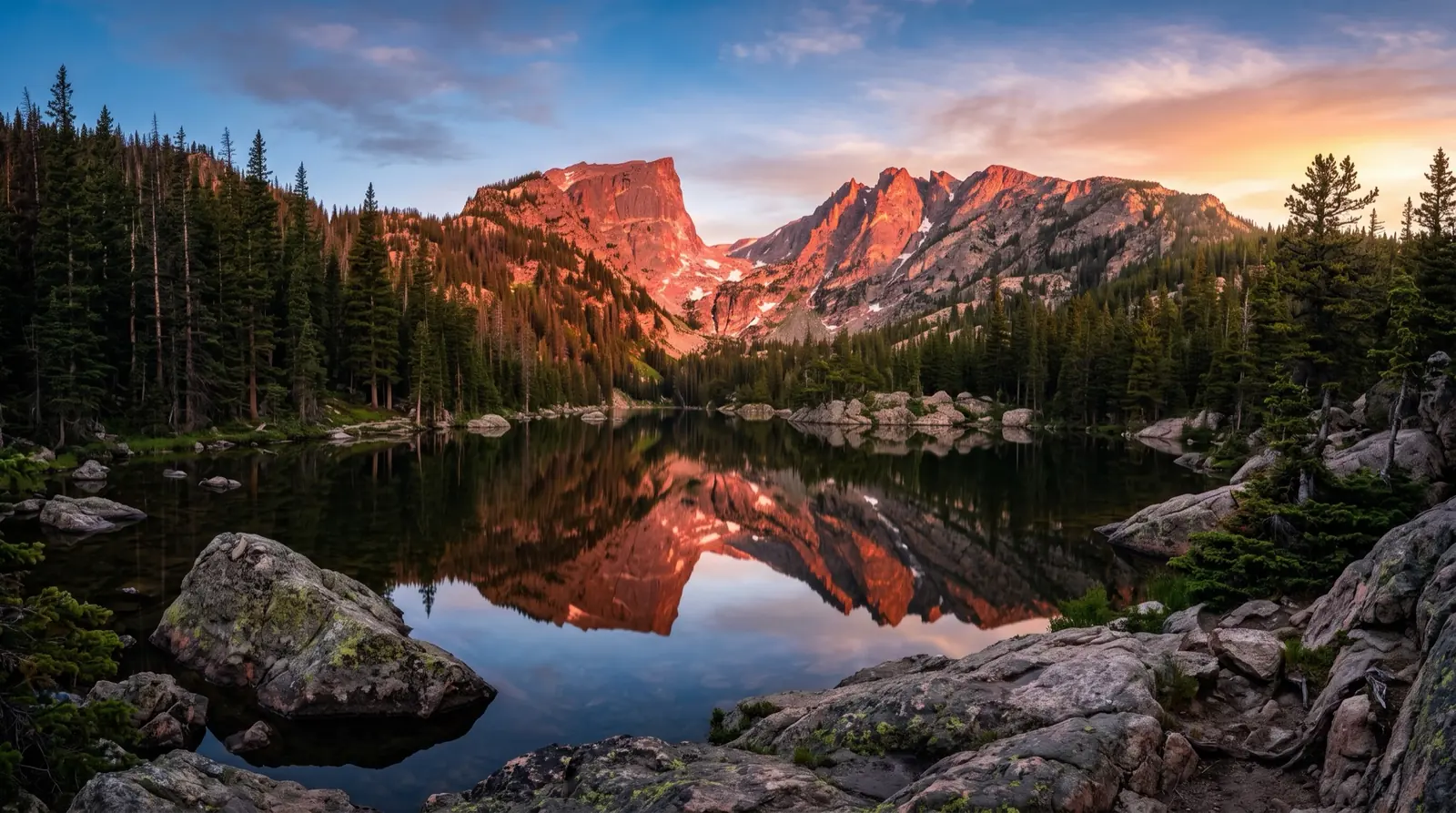 An alpine lake in Rocky Mountain National Park reflecting granite peaks at sunrise
