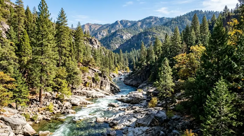 Sierra Nevada foothills and American River canyon with granite riverbed and ponderosa pines