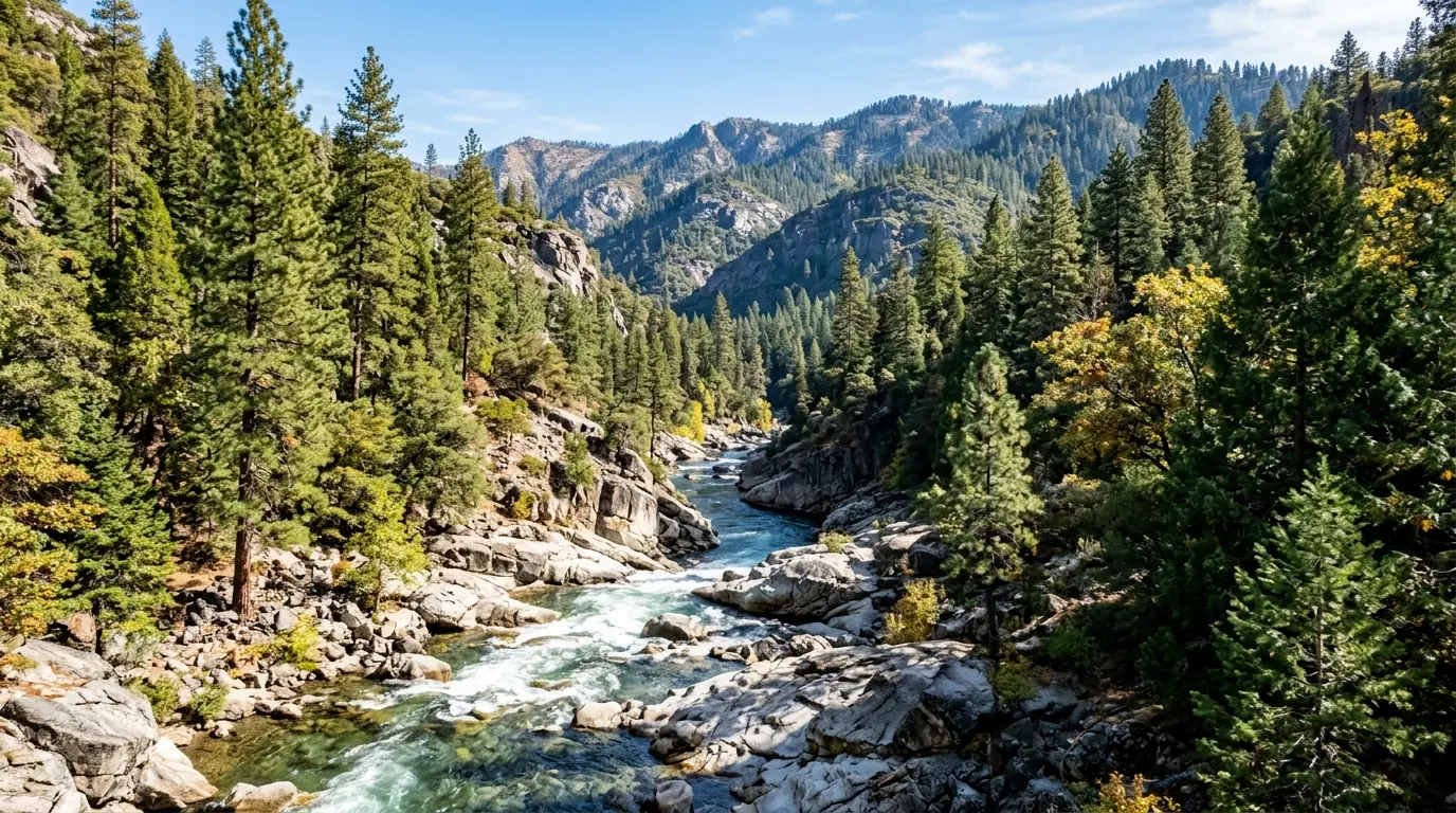 Sierra Nevada foothills and American River canyon with granite riverbed and ponderosa pines