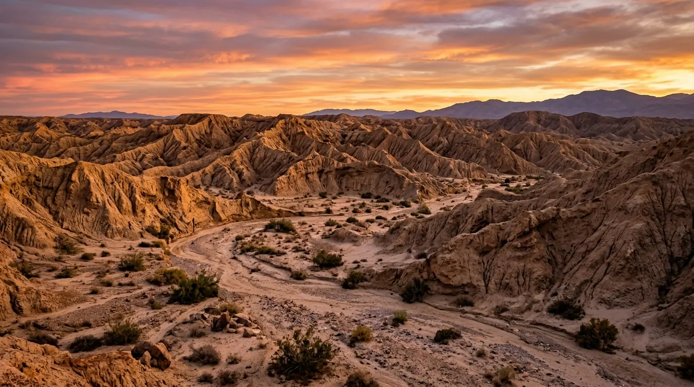 Anza-Borrego desert badlands near Borrego Springs with rugged eroded sandstone ridges at sunset
