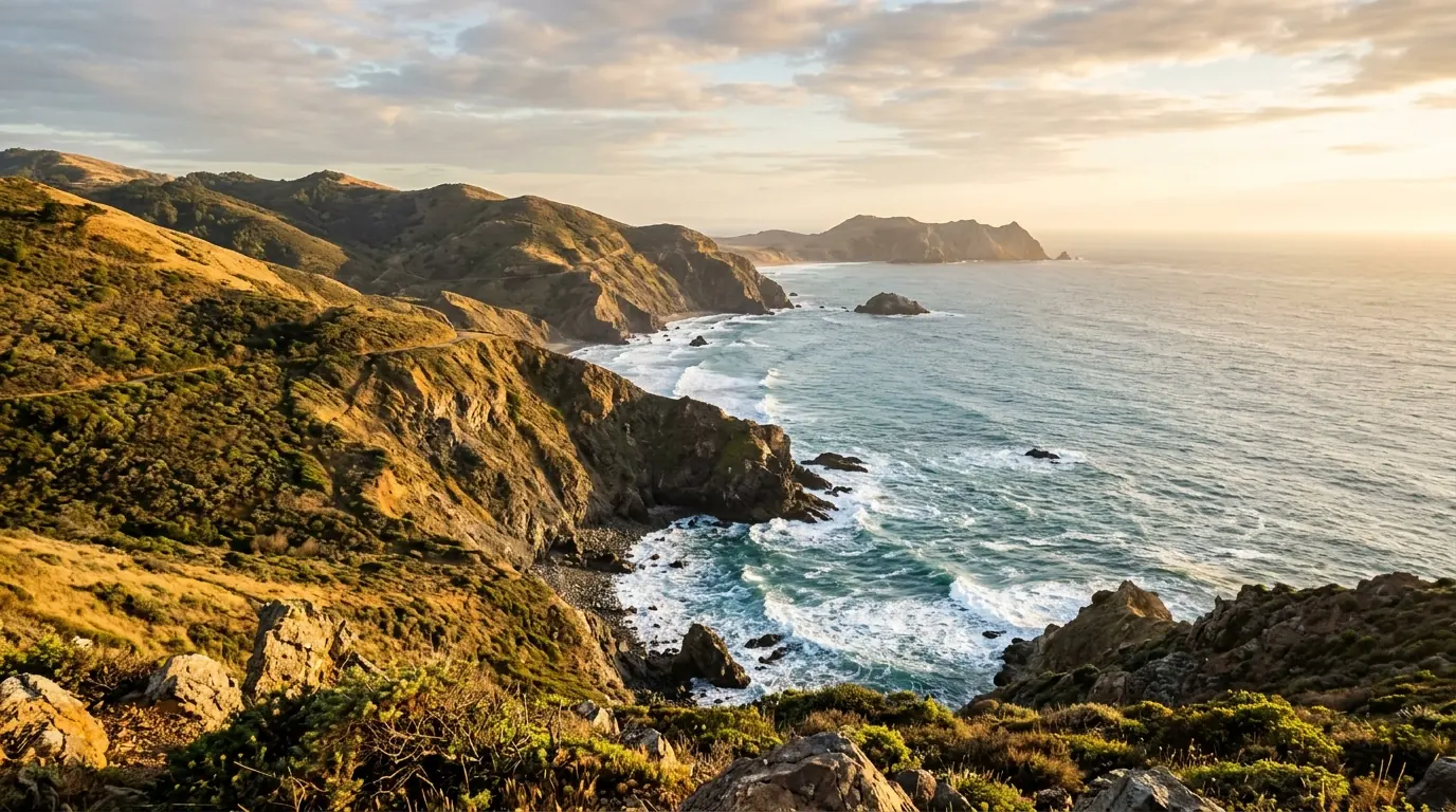 Marin Headlands coastal bluffs and Point Reyes seashore overlooking the Pacific Ocean