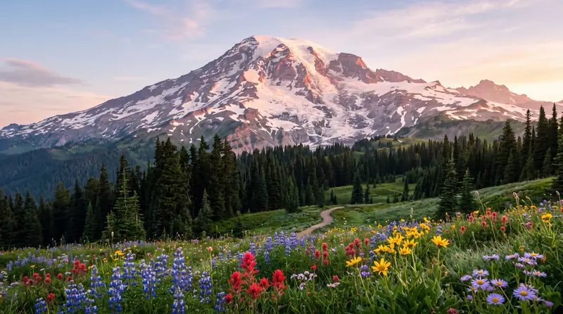 Mount Rainier rising snow-covered above evergreen forest and a wildflower meadow at sunrise