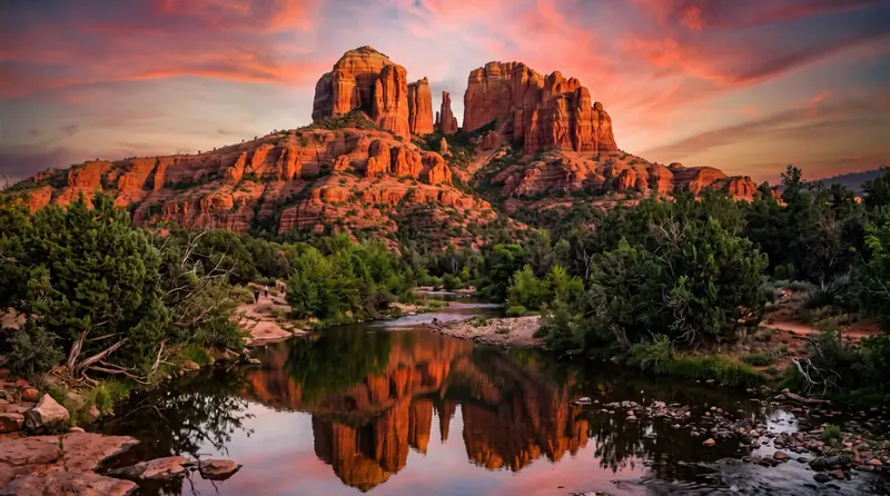 The red sandstone spires of Cathedral Rock in Sedona glowing crimson at sunset above a still creek