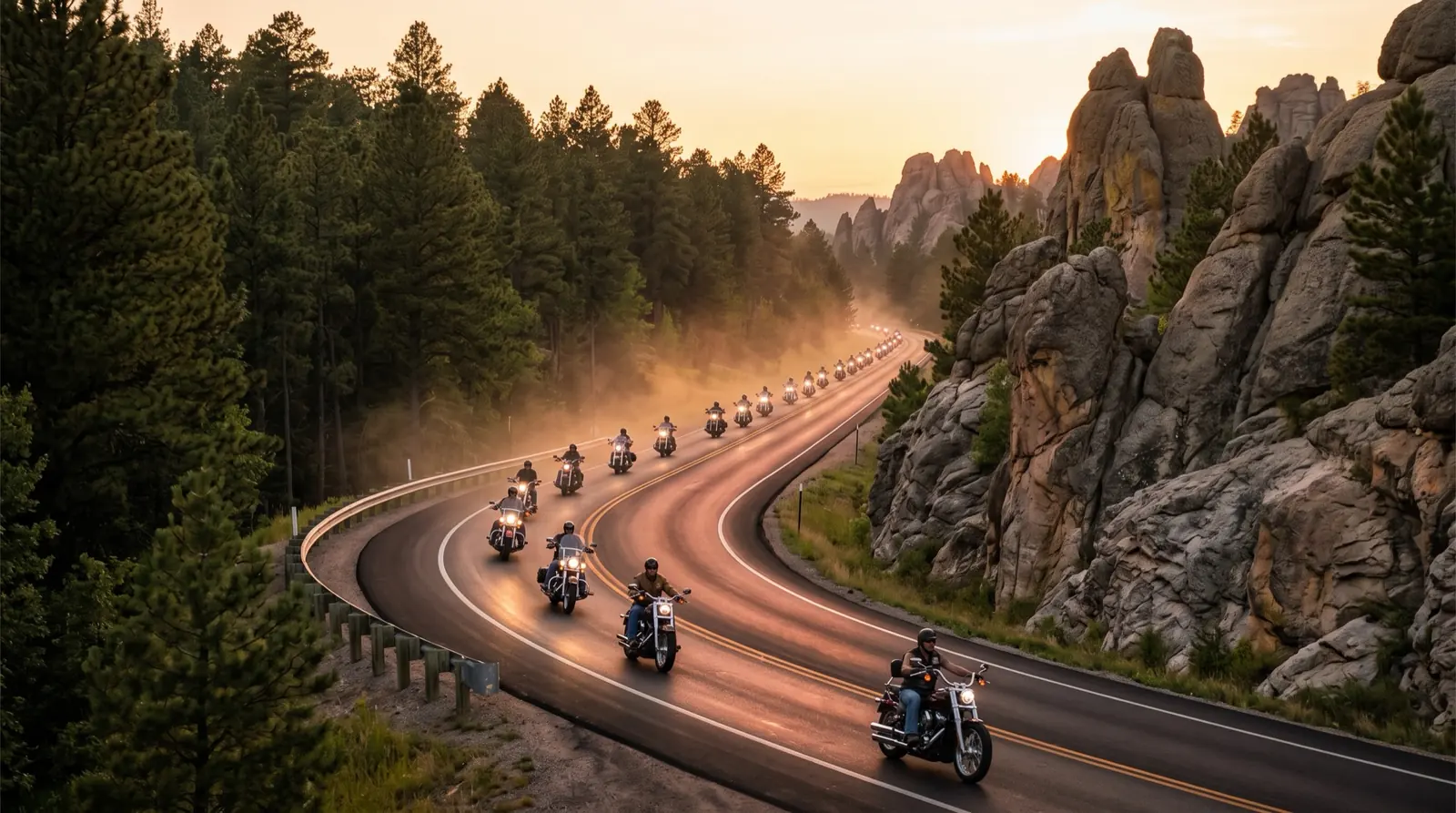 A line of motorcycles riding a winding granite-lined highway through the Black Hills at golden hour
