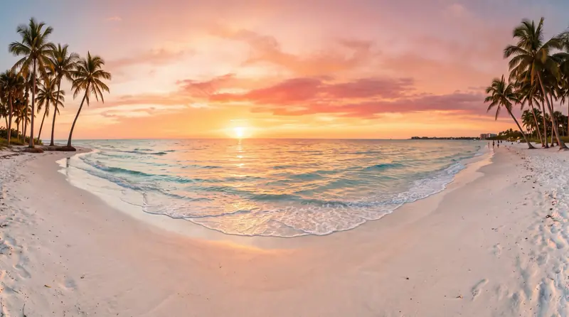 A Gulf coast beach near Tampa at sunset with white sand, turquoise surf and leaning palms