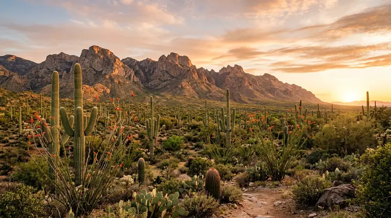 Santa Catalina Mountains towering behind a desert basin filled with mature saguaro cacti at sunset