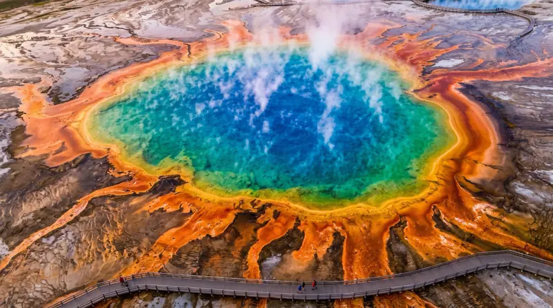 The vivid orange and blue bacterial mats of Grand Prismatic Spring in Yellowstone, steam drifting across the hot spring