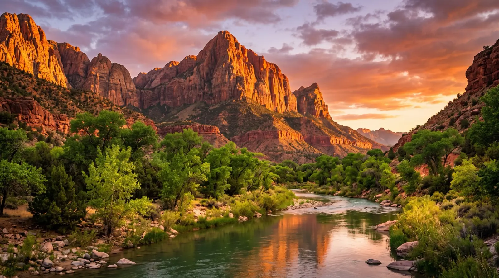 The Watchman peak in Zion glowing red at sunset above the Virgin River and cottonwoods