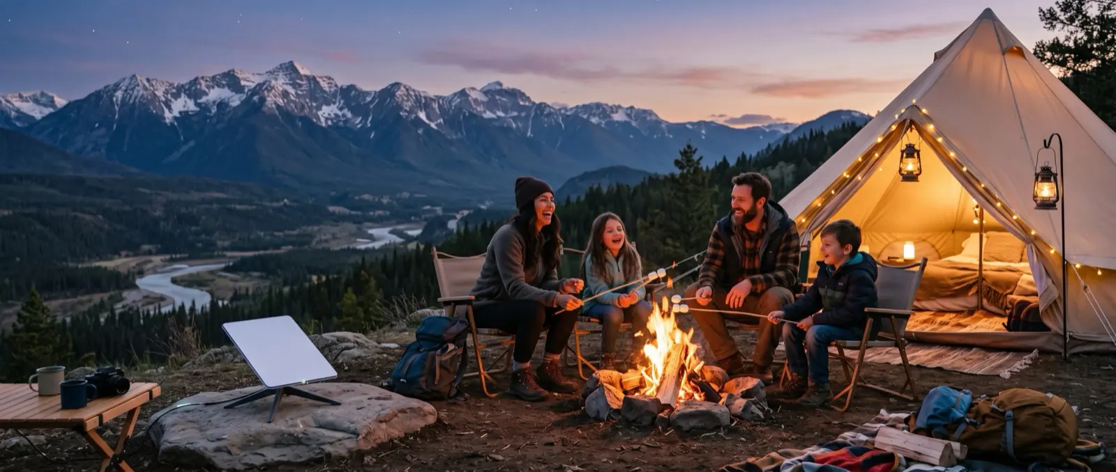 Starlink dish set up outdoors at golden hour